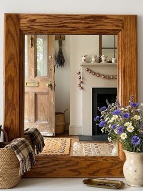 Solid Oak Mirror 14.5 x 18” Farmhouse Cottage Grandma Cabin Vintage